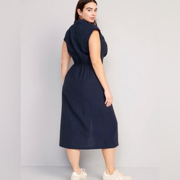 NWT! Navy Blue Waist-Defined Twist-Front Midi Shirt Dress - TALL SIZES - Picture 6 of 8
